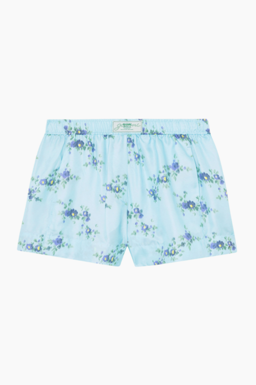 Printed Silk Twill Elasticated Shorts A1110053 - Iced Aqua - GANNI