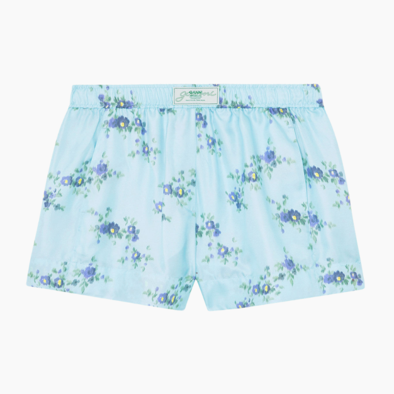 Printed Silk Twill Elasticated Shorts A1110053 - Iced Aqua - GANNI - Blå S