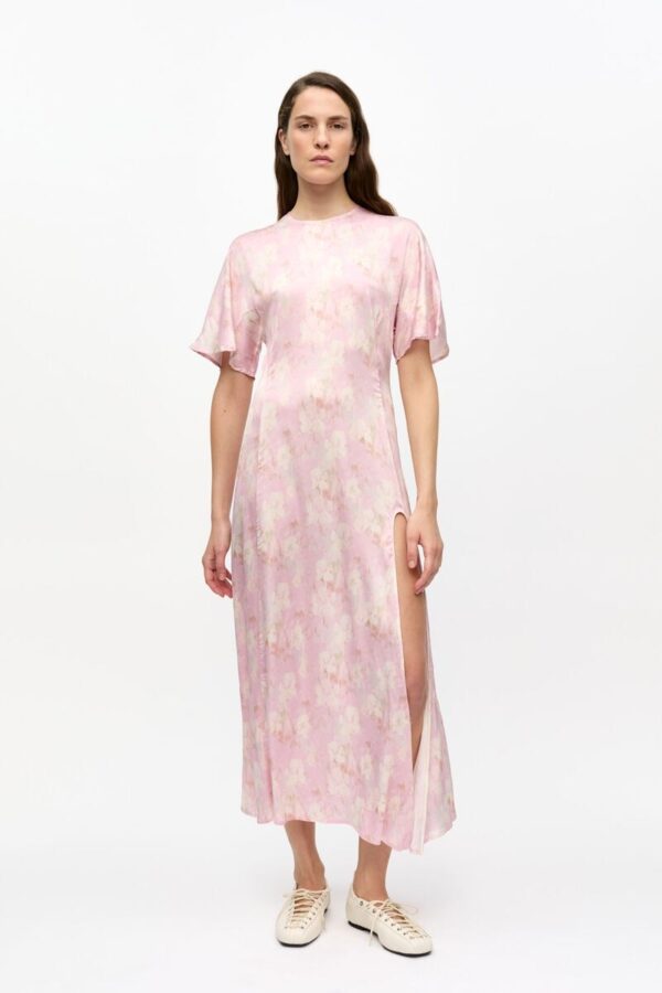 Printed Stretch Satin Slit Long Dre