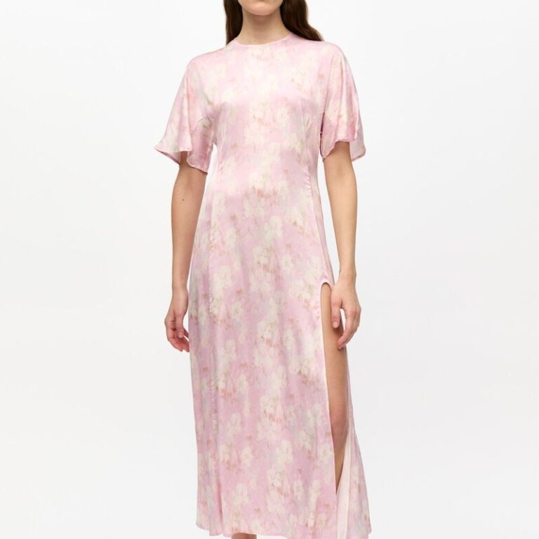 Printed Stretch Satin Slit Long Dre