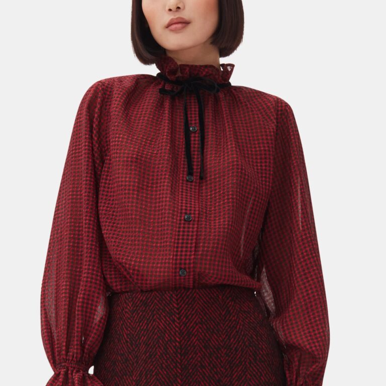 Sheer Fluid Check Tie String Shirt