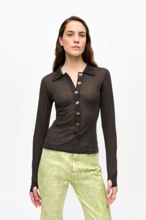 Sheer Mesh Jersey Buttoned Collar T