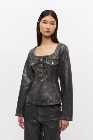 Shimmery Foil Denim Fitted Blazer