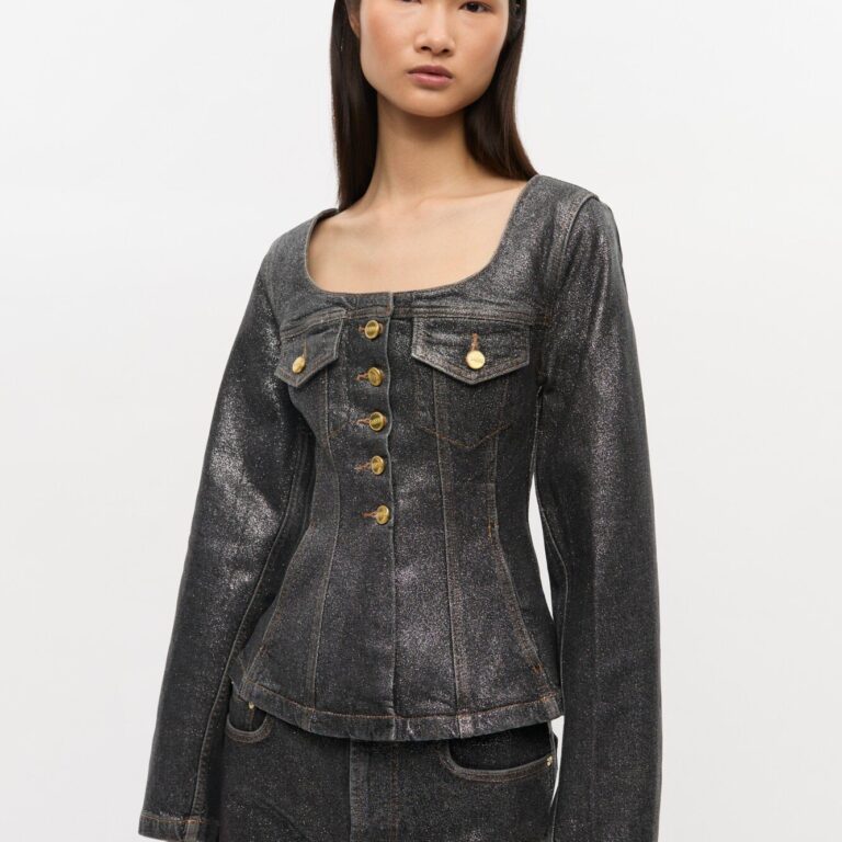 Shimmery Foil Denim Fitted Blazer