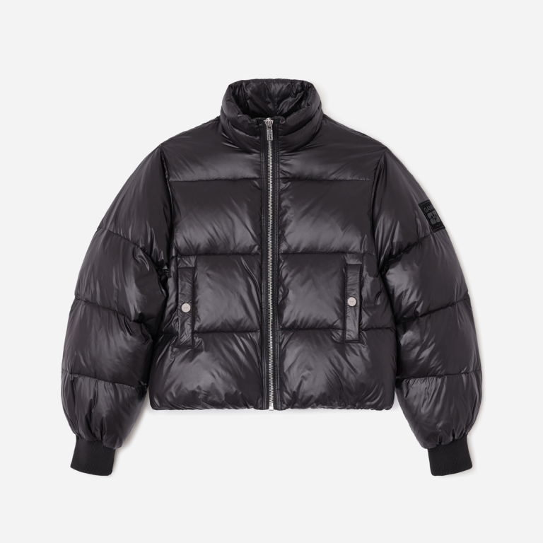 Shiny Nylon Short Puffer Jacket - Black