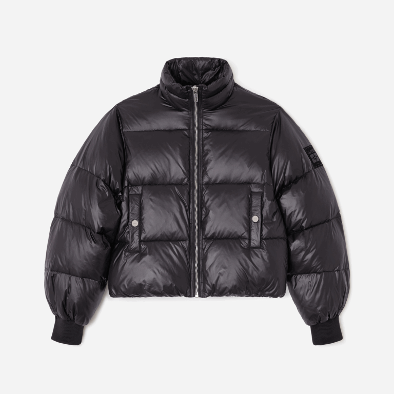 Shiny Nylon Short Puffer Jacket - Black