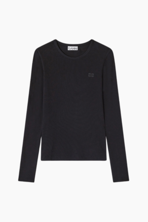 Soft Cotton Rib Long Sleeve T-Shirt T4313 - Black - GANNI - Sort M