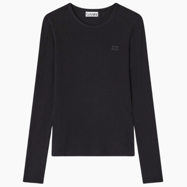 Soft Cotton Rib Long Sleeve T-Shirt T4313 - Black - GANNI - Sort XS