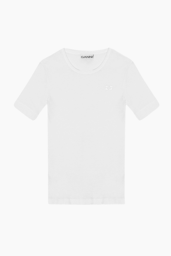 Soft Cotton Rib Short Sleeve T-Shirt T3941 - Bright White - GANNI - Hvid M