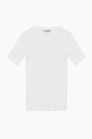 Soft Cotton Rib Short Sleeve T-Shirt T3941 - Bright White - GANNI - Hvid S
