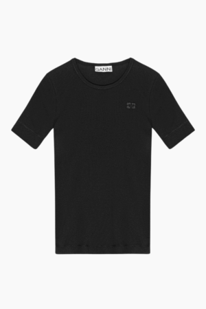Soft Cotton Rib Short Sleeve T-Shirt T4012 - Black - GANNI - Sort M