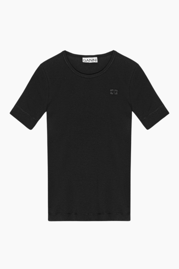 Soft Cotton Rib Short Sleeve T-Shirt T4012 - Black - GANNI - Sort M