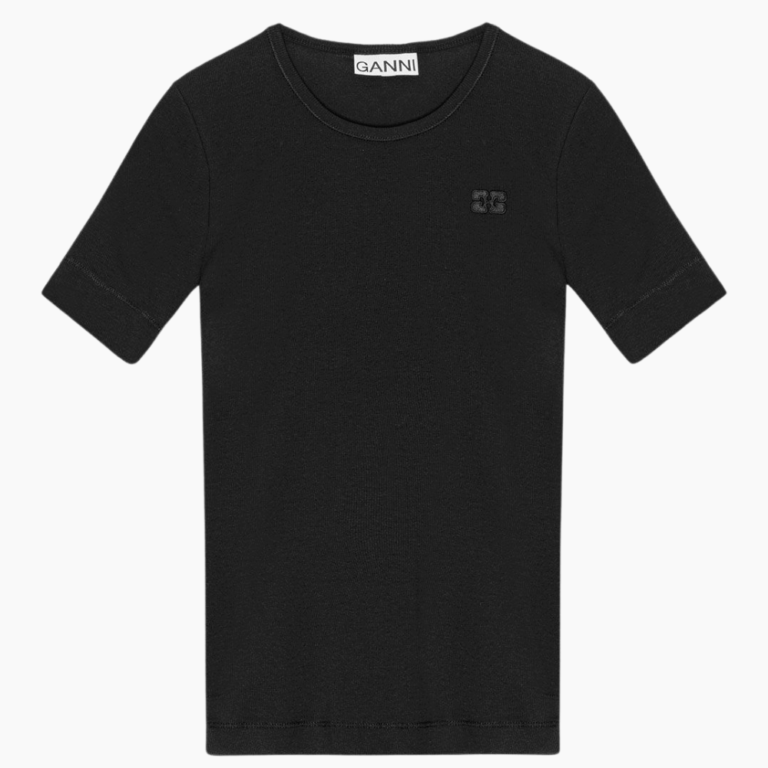 Soft Cotton Rib Short Sleeve T-Shirt T4012 - Black - GANNI - Sort XS