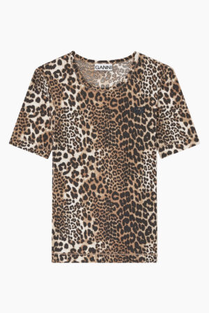 Soft Cotton Rib Short Sleeve T-Shirt T4405 - Leopard - GANNI - Leopard XS