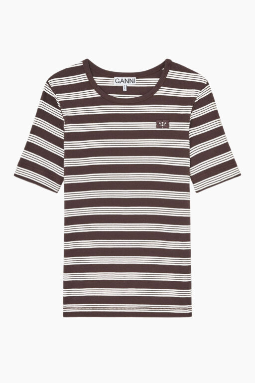 Soft Cotton Rib Short Sleeve T-shirt Stripe - Mole - GANNI