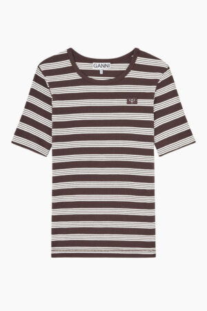 Soft Cotton Rib Short Sleeve T-shirt Stripe - Mole - GANNI - Stribet XL