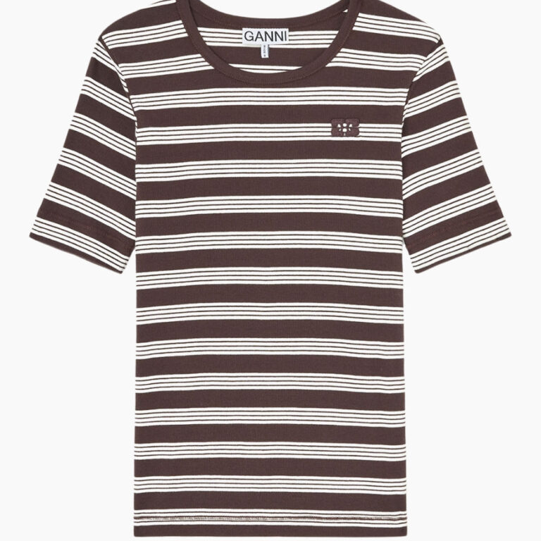 Soft Cotton Rib Short Sleeve T-shirt Stripe - Mole - GANNI - Stribet XL