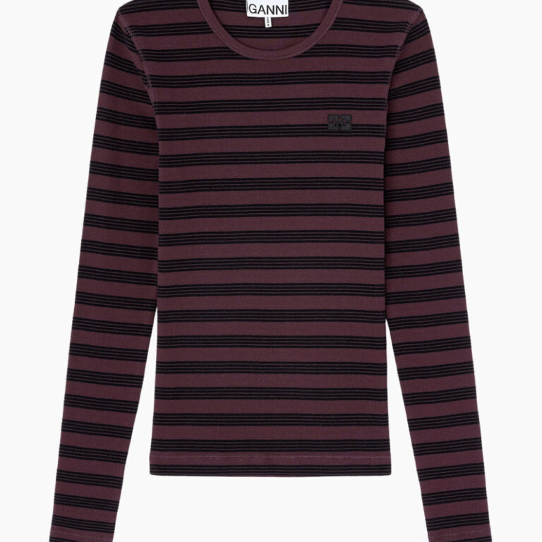 Soft Cotton Stripe Rib Longsleeve A1050066 - Chocolate Plum - GANNI - Stribet L
