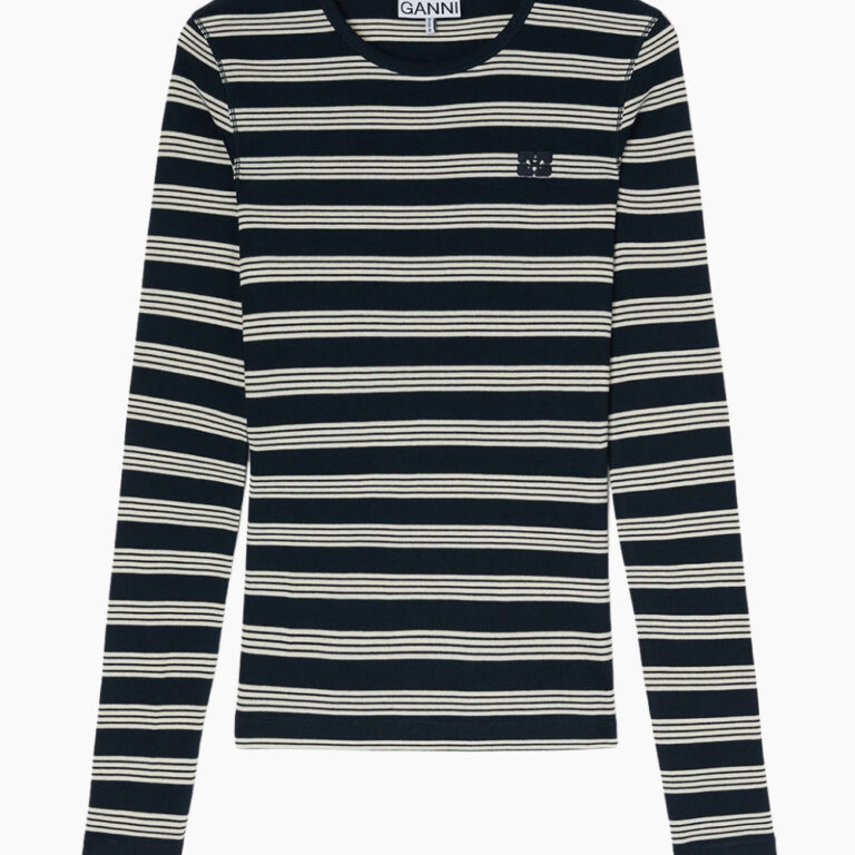 Soft Cotton Stripe Rib Longsleeve A1050066 - Sky Captain - GANNI - Stribet XL