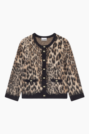 Soft Wool Leo 3/4 Sleeve Cardigan K2668 - Leopard - GANNI - Leopard S