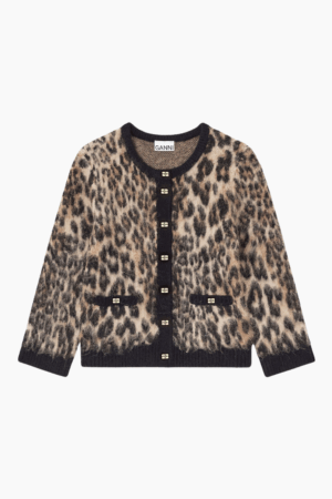 Soft Wool Leo 3/4 Sleeve Cardigan K2668 - Leopard - GANNI - Leopard S