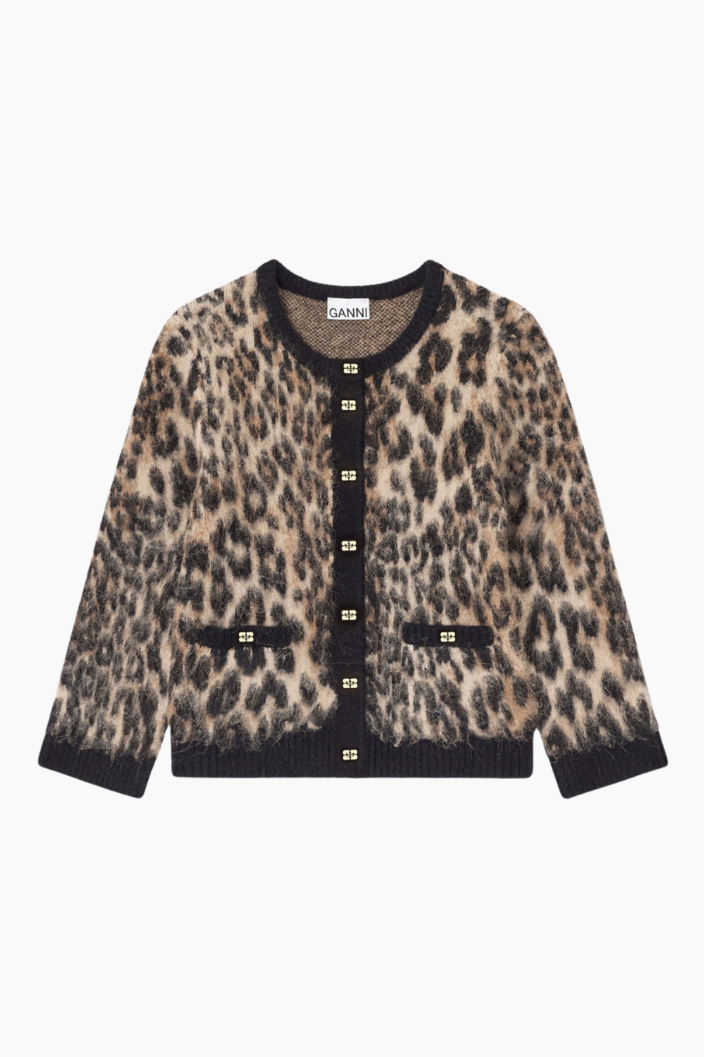 Soft Wool Leo 3/4 Sleeve Cardigan K2668 - Leopard - GANNI - Leopard S