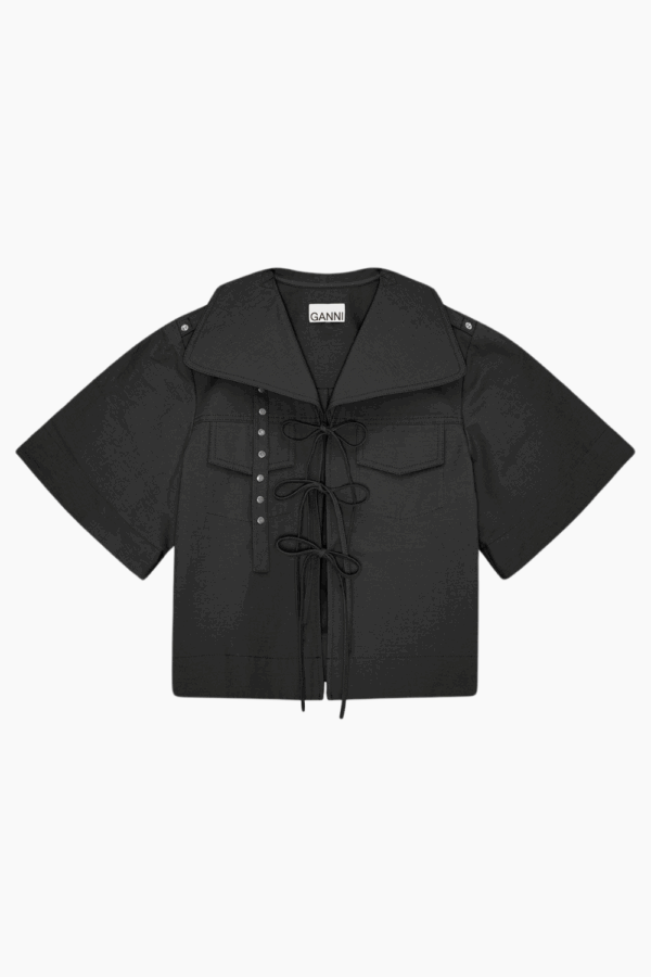Stretch Cotton Cowl Neck Blouse W0880 - Black - GANNI - Sort S