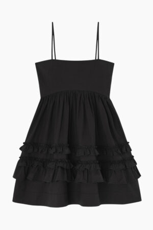 Stretch Cotton Mini Strap Dress w. Frills - Black - GANNI - Sort XS