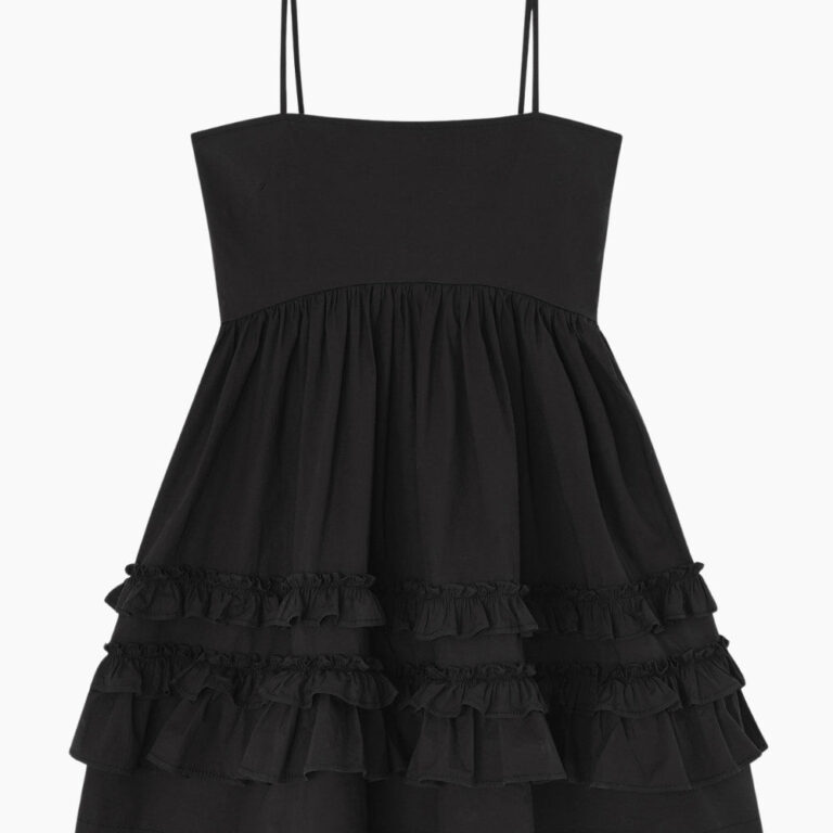 Stretch Cotton Mini Strap Dress w. Frills - Black - GANNI - Sort XS