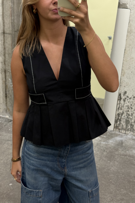 Stretch Cotton V-neck Pocket Blouse A1040124 - Black - GANNI