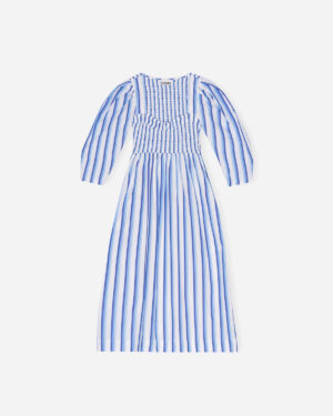 Stripe Cotton Open-neck Smock Long Dress - Silver Lake Blue