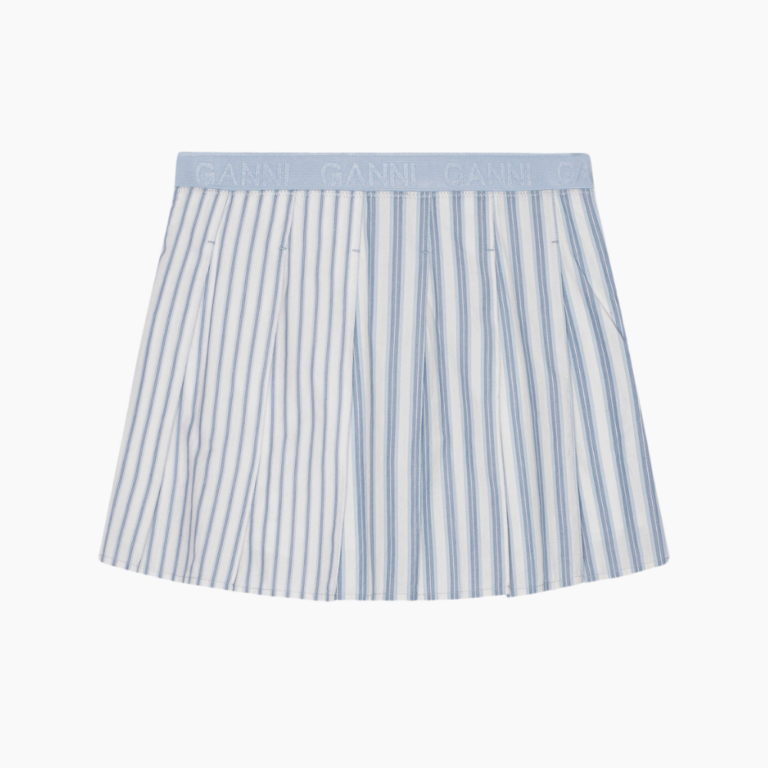 Stripe Cotton Pleated Mini Skirt F9599 - Egret - GANNI - Stribet S
