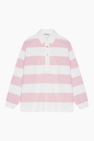 Striped Heavy Cotton Polo T4121 - Mauve Chalk - GANNI - Stribet XS