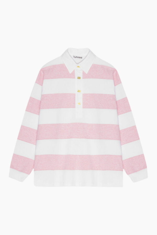 Striped Heavy Cotton Polo T4121 - Mauve Chalk - GANNI - Stribet XS