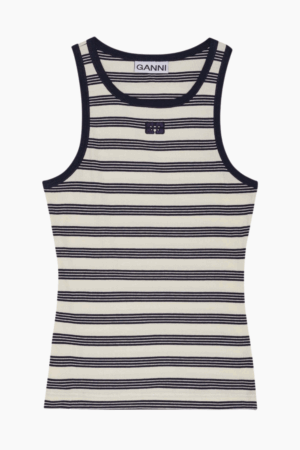 Striped Soft Cotton Rib Tank Top T4144 - Sky Captain - GANNI - Stribet M