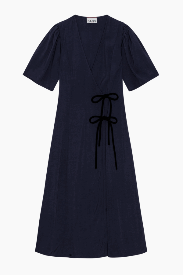 Viscose Twill Wrap Midi Dress F9577 - Sky Captain - GANNI - Navy M