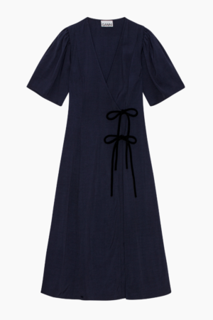 Viscose Twill Wrap Midi Dress F9577 - Sky Captain - GANNI - Navy S