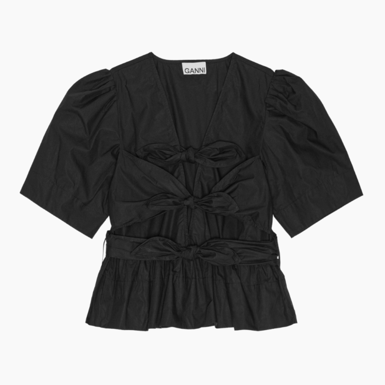 Washed Stretch Cotton Tie Strap Blouse W0378 - Black - GANNI - Sort L