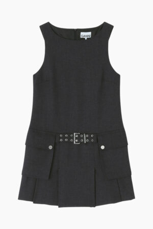 Wool Suiting Belted Mini Dress A1030115 - Phantom - GANNI - Grå L