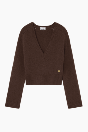 Wool Yak Mix Deep V-neck K2614 - Shaved Chocolate - GANNI - Brun XS